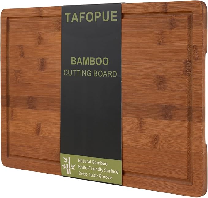 Tafopue Bamboo Cutting Board, Large Kitchen Chopping Board with Deep Juice Groove & Built-in Handle, Reversible Wooden Charcuterie Board and Serving Tray for Meat, Bread, Fruit, Daily Use, 16×11×0.6''
