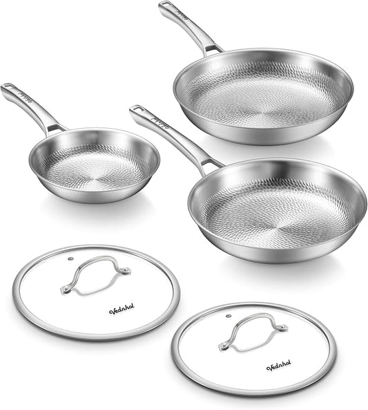 Titanium Pans set, 8+10+12Inch Pure Titanium Hammered Pro with Two Lids, Non Stick Skillet for Cooking, Non-Toxic, PFAS/PFOA/PTFE Free Cookware, Dishwasher&Oven Safe, Kitchen Induction Compatible