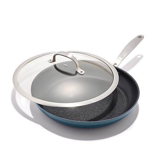 OXO Enhanced 12” Nonstick Frying Pan Skillet with Lid, Ceramic PFAS-Free Cookware, Durable Hard Anodized, Scratch Resistant, Stainless Steel Handle, Eggs & Omelets, Dishwasher & Oven Safe, Storm Blue