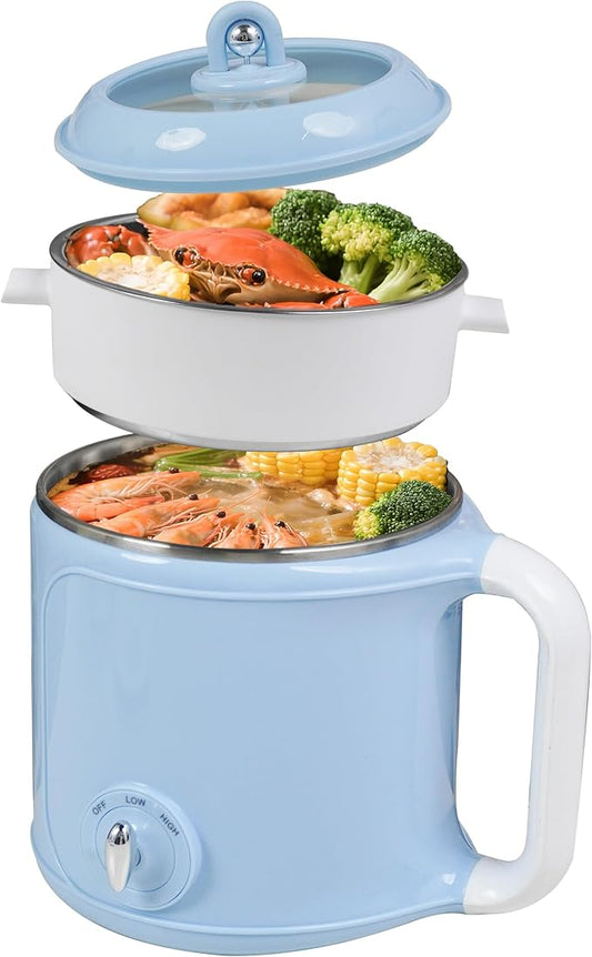 Hot Pot Electric with Steamer，2.0 L Ramen Cooker，Mini Portable Hot Pot for Cooking,Pasta, Shabu-Shabu, Oatmeal, Soup and Egg, Electric Cooker for Dorm, Office（Blue）