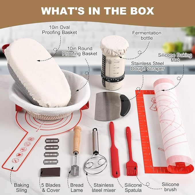 Sourdough Bread Baking Supplies, Banneton Bread Proofing Basket, 10 Inch Oval & Round Bread Baskets with Liners & Covers, Sourdough Starter Kit