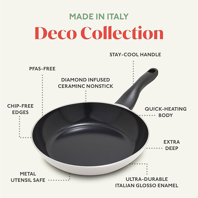 Lumenflon Deco 11” Nonstick Frying Pan Skillet, Made in Italy, Diamond Ceramic PFAS-Free, Dishwasher & Metal Utensil Safe, Durable Gloss Enamel Finish, Stay-Cool Handle, High Walls-Extra Room, Taupe