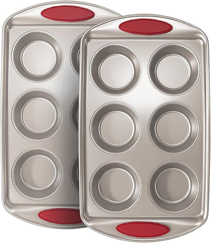 Shinsin Muffin Pan 6-Cup, 2-Pack Nonstick 6 Tin Cupcake Pan with Silicone Grip Handles, Toaster Oven Baking Supplies Small Cheesecake Cup Cake Tray- Non-toxic & Dishwasher Safe