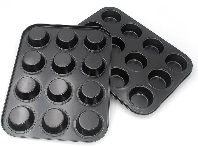 Bakexcel Non-Stick Muffin Pans, 12-Cup Standard Baking Pans Set of 2 with a Scraper for Perfect Muffins & Cupcakes
