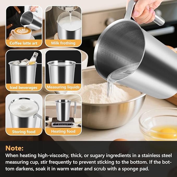 2000ml Stainless Steel Measuring Cup 64 oz with Handle and Glass Lid, Metal Measuring Pitchers with ML/Ounce Scale, Large Mouth Graduated Beakers