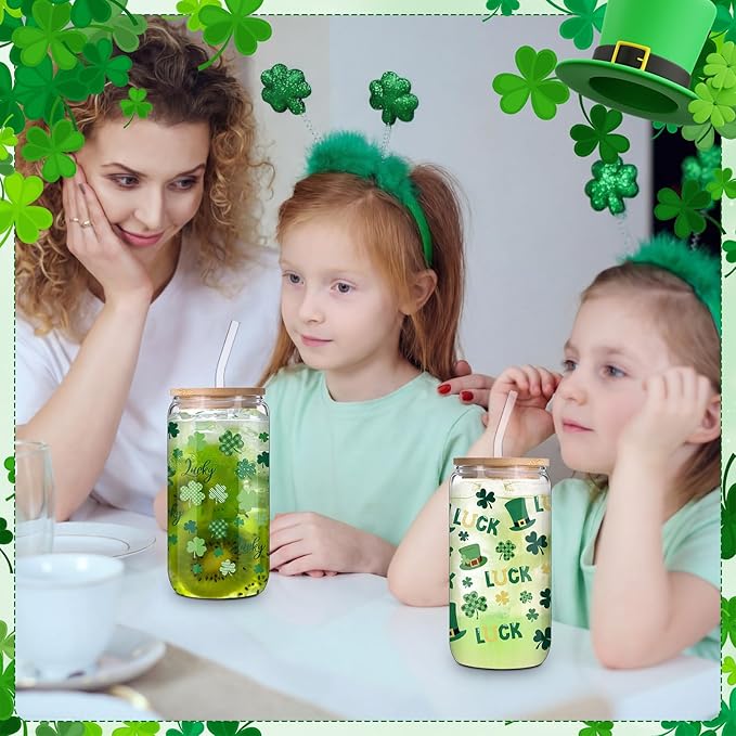 Jinei 2 Pcs Glass Cup Set 18 Ounce Glasses Cups with Bamboo Lids and Straws Tumbler for couple Mug for Women Men Birthday Party Favor Gift(St Patricks Day)