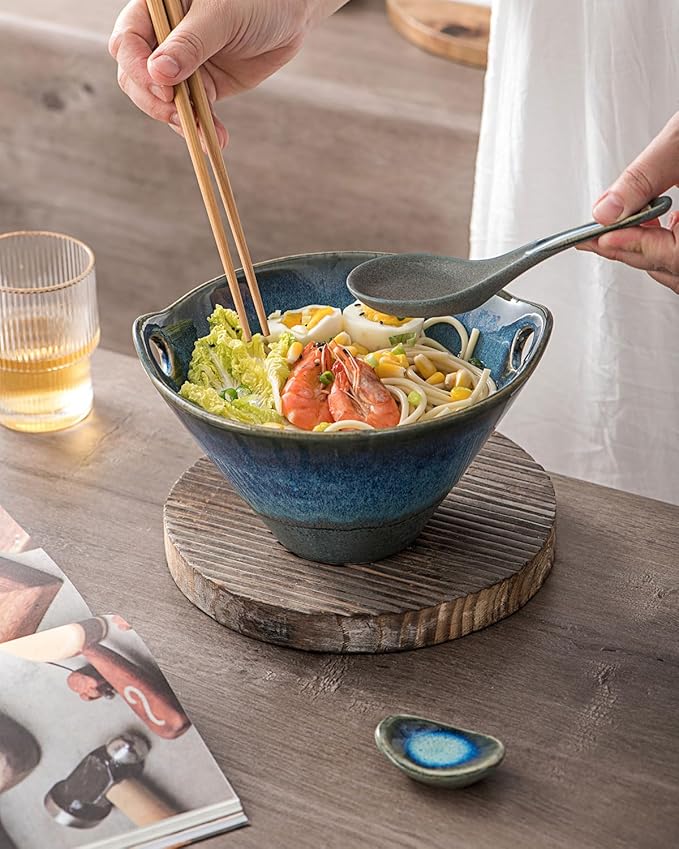 UNICASA Japanese Ramen Bowl Set with Chopsticks, Spoons and Rests, 26oz Deep Porcelain Noodle Bowl Set of 2 for Udon, Pho, Salad, Soup (Volcano Blue)