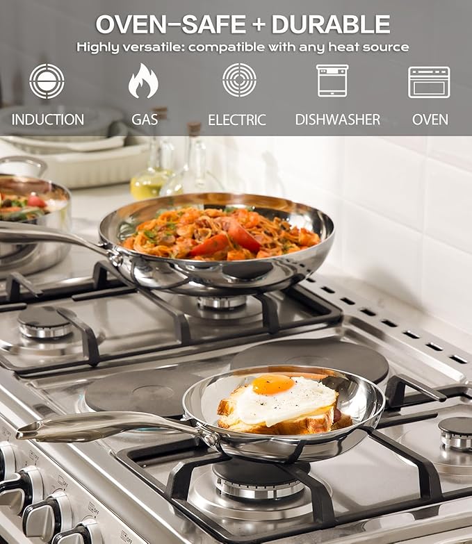 USELUCK Stainless Steel 8 Inch Frying Pan, Tri-ply Clad Base Non-toxic Skillets with Stainless Steel Lid, Fast and Even Heating Stay Cool Handles Induction Dishwasher & Oven Safe PFOA Free Cookware