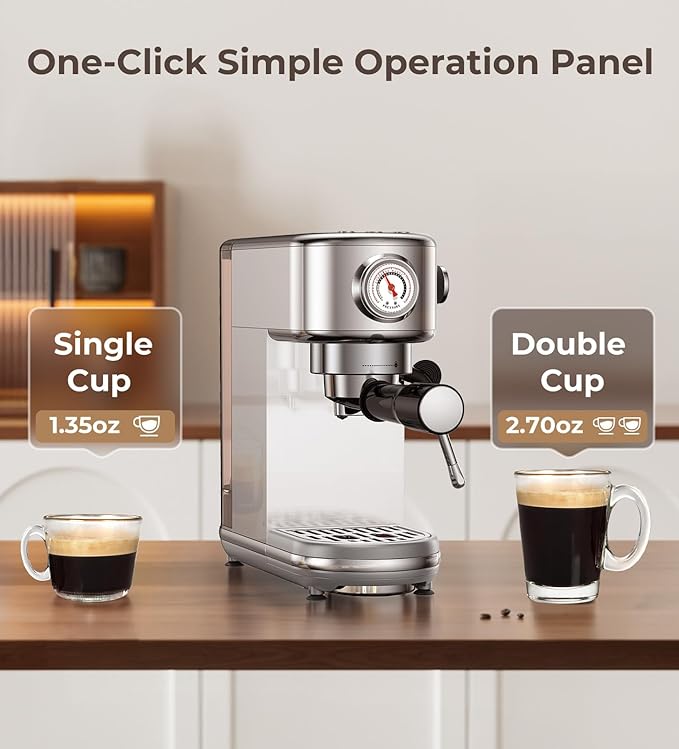 atatix Espresso Machine with Milk Frother, 20 Bar Pressure Espresso Maker, with 44OZ Removable Tank, Compact Stainless Steel Coffee Machine for Home, Office, Latte, Cappuccino, Gift for Women or Men