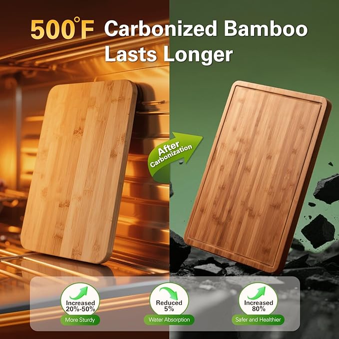 Zarler Bamboo Cutting Boards for Kitchen, Durable Wood Cutting Board with Juice Grooves and Handles, Wooden Chopping Board Set for Meal Prep, 500℉ Carbonized Bamboo, XL Size, Ideal Kitchen Gift