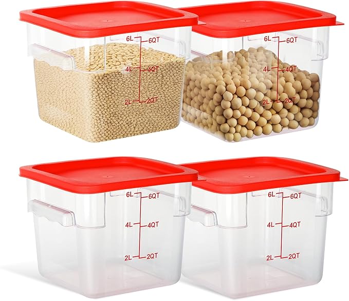 STEELUS 4 Pack Food Storage Containers, 6 Quart with Lids, Square Commercial Containers with Scale, Clear NSF Food Organizing, Polycarbonate