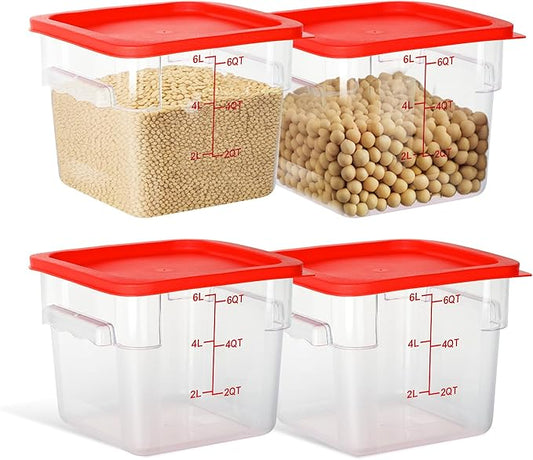 STEELUS 4 Pack Food Storage Containers, 6 Quart with Lids, Square Commercial Containers with Scale, Clear NSF Food Organizing, Polycarbonate