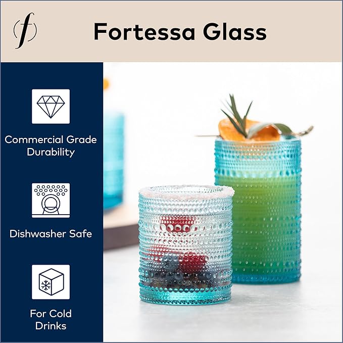 Fortessa Jupiter Beaded Hobnail Glass, 10 Ounce Double Old Fashioned (Set of 6), Lagoon Blue
