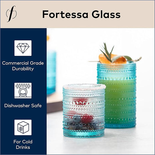 Fortessa Jupiter Beaded Hobnail Glass, 10 Ounce Double Old Fashioned (Set of 6), Lagoon Blue