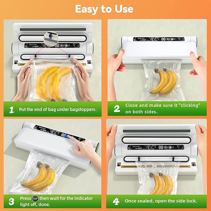 Food Vacuum Sealer Machine, 75KPA Compact Vacuum Sealer for Food, LED Indicator Light, Dry/Wet Modes, with 20 Vacuum Bags