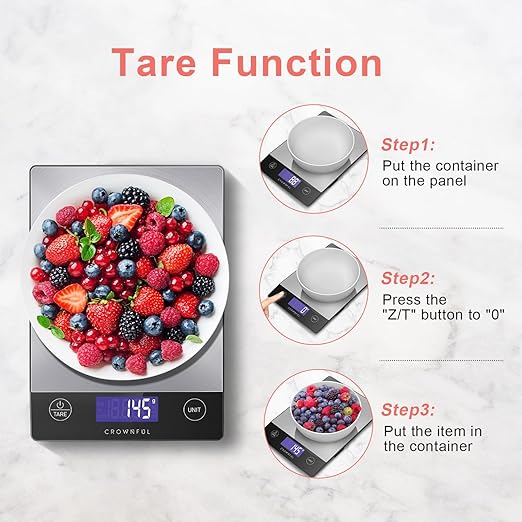 CROWNFUL Food Scale, 33lb Rechargeable 304 Stainless Steel Digital Kitchen Scale Weight Grams and Ounces with LCD Display and Type-C Charging for Meal Prep, Baking and Cooking