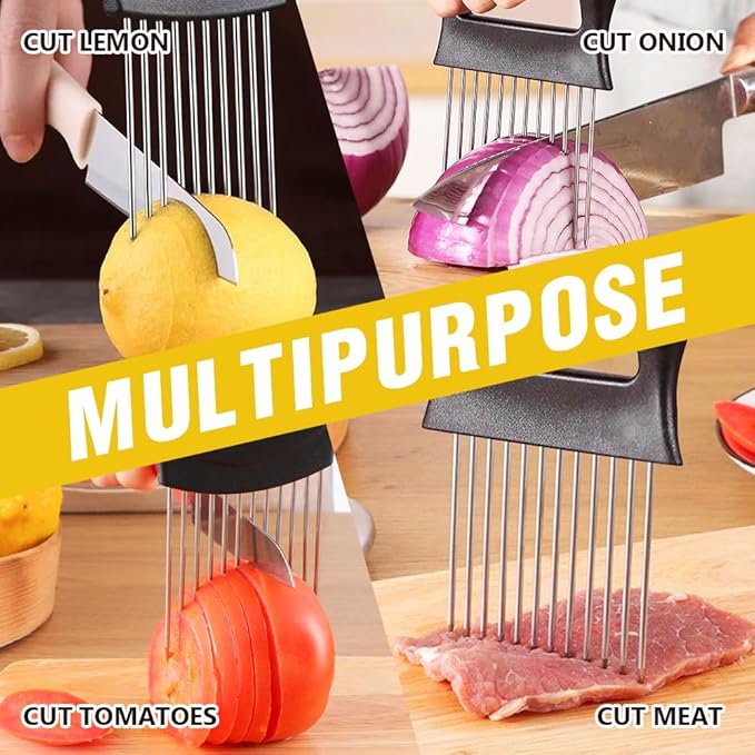 Stainless Steel Onion Slice Holder, Onion Holder for Slicing, Egg Cutter Vegetable Chopper, Ultifunctiona Fruit Slicer OnionPin Slicer Loose Meat Pin, Kitchen Chopper Slicing Tool (2, B)