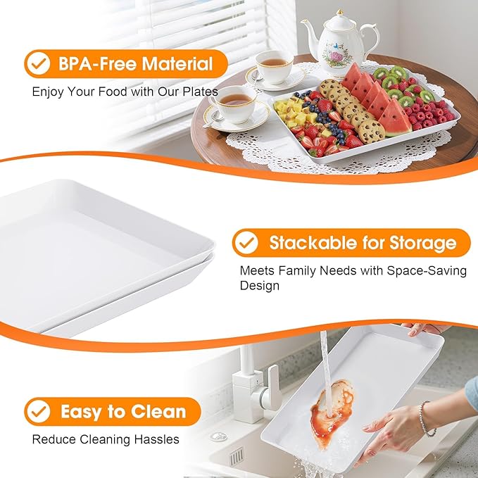 10-Pack Serving Tray, Serving Platter for Parties, Entertaining, Camping & Food Display, Reusable & Stackable Plastic Trays in Kitchen, Rectangular Food Platters for Cookie, Appetizer(White)
