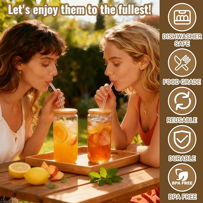 Alotpower Borosilicate Glass Cups with Lids and Straws, 16 oz Reusable Tumbler Set (4-Pack) Includes Bamboo Lids, Glass Straws & Brush for Iced Coffee, Bubble Tea, Cold Beer, Juice
