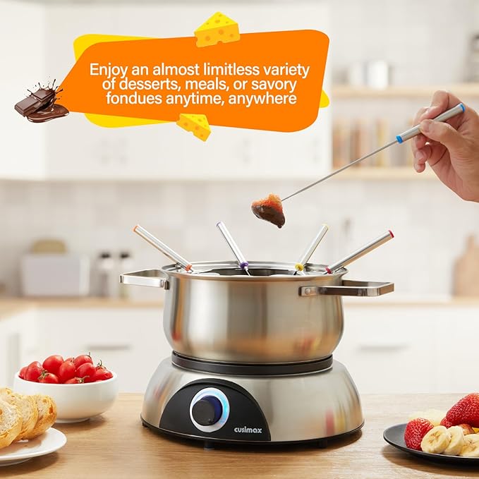 CUSIMAX 1500W Electric Fondue Pot Set, Fondue Pot for Chocolate, Cheese, Broth, Oil, Luminous Control Dial, Fondue Set with 8 Colour Coded Stainless Steel Forks, 1.4-Quart - Stainless Steel