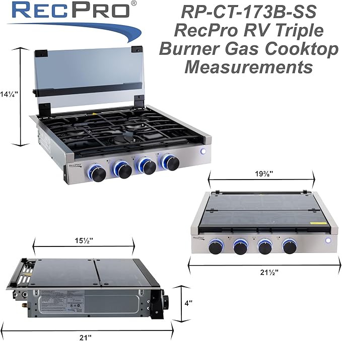 RecPro RV Built In Gas Cooktop | 2 Burner or 3 Burner | RV Cooktop Stove | 6,500 and 8,000 BTU Burners | Cover Included (Stainless Steel, 3-Burner)