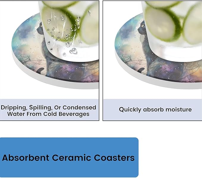 Round Coasters Set of 2, Watercolor Galaxy Sky Black Cat Absorbent Ceramic Coaster with Cork Base, Bar Coasters for Drinks Coffee Mugs Tea Cups Wine Glasses Home Decor Gifts (4 inches)