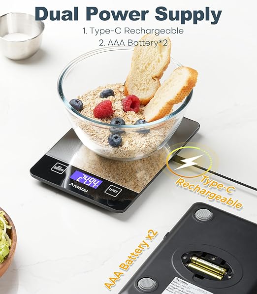 Atogou Food Scale, 33lb/15kg Rechargeable Kitchen Scale with Full-View Backlit LCD Display, Grams and Ounces, Type-C Charging, Waterproof Stainless Steel Surface for Baking, Cooking, Food Black