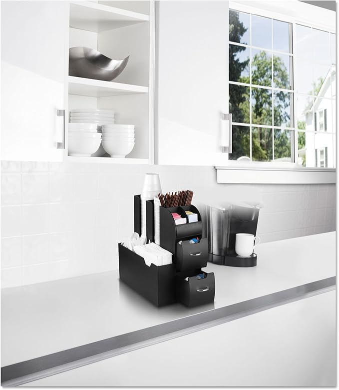Mind Reader Cup and Condiment Station, Countertop Organizer, Coffee Bar, Kitchen, Stirrers, 5.35"W x 11.25"L x 11.15"H, Black