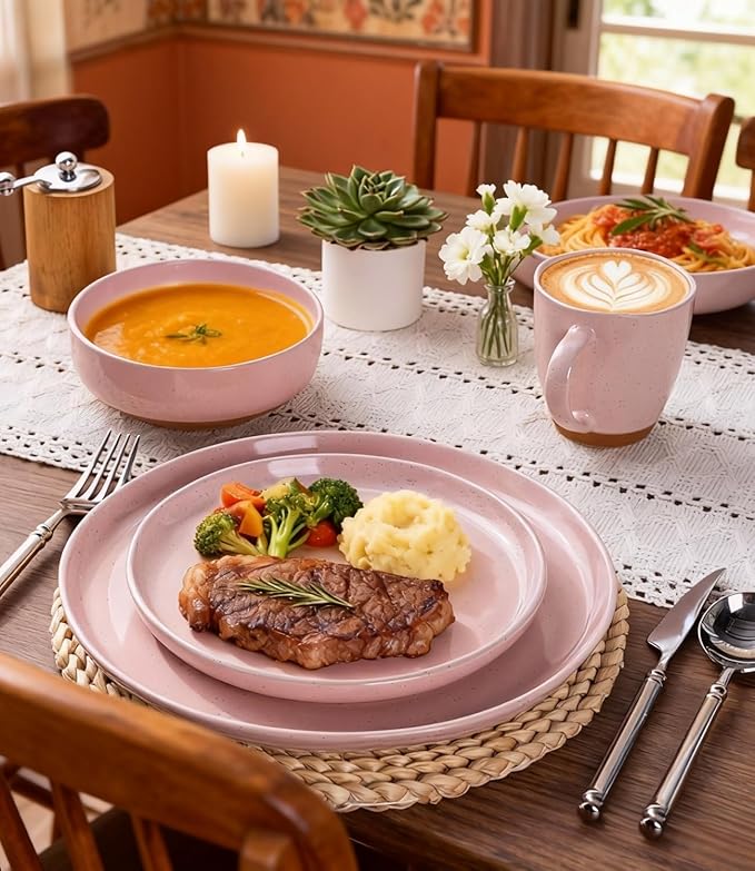 AmorArc Ceramic Dinner Plates Set of 6,10.5 Inch Stoneware Plates Set for Dinner, Elegant Dish Set with Rustic Terracotta Underside,Microwave & Dishwasher Safe-Cloud Pink