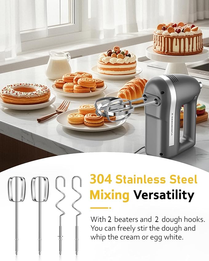 Z-DESDEMONA Electric Hand Mixer, Powerful Hand Mixer Electric Handheld with 304 Beaters, Dough Hook,Hand Held Mixer with Turbo for Baking Cakes, Eggs, Cream Food(Grey)