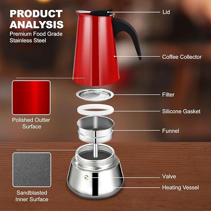 DITOSH 4 Cup Stovetop Espresso Maker Stainless Steel Moka Pot Stove Top Percolator Italian Coffee Makers Capable Mocha Greca Machine Cafe Classic Induction Cookers for Home and Camping 200ml 6.6oz