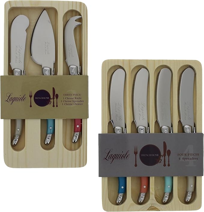 French Home Laguiole 7-Piece Cheese Knife Set - Includes Stainless Steel Spade, Spear Knife, Soft Cheese Knife & 4 Spreaders with Three-Rivet Curved Coral & Turquoise Handle and Bee Emblem