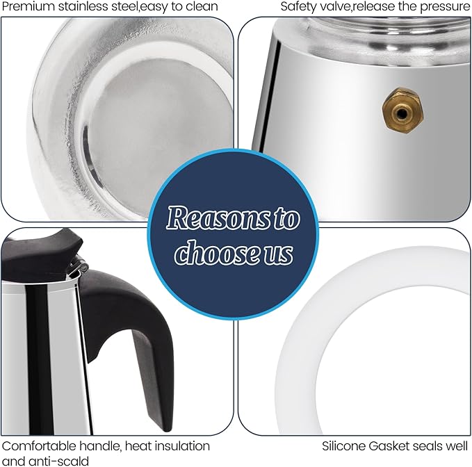 Supvision 4 Cup Moka Pot Stainless Steel 200ml Italian Espresso Coffee Maker Stovetop CoffeeMakers Mocha Pot Percolator for Induction Stove Classic Cafe Makers Portable for Easy Brewing Tummy