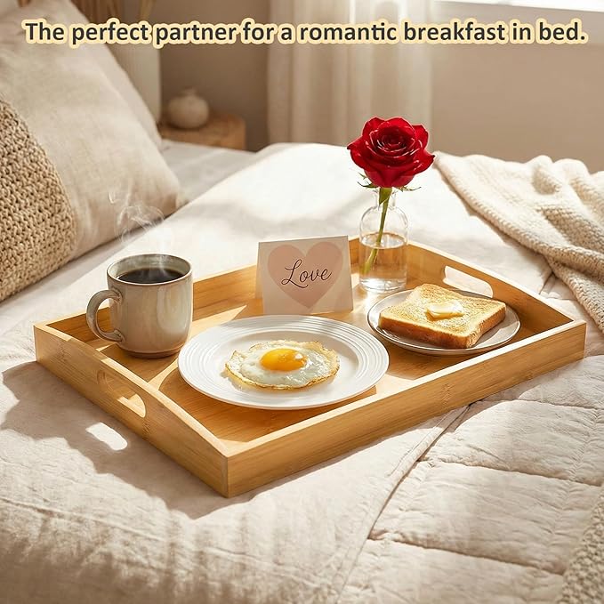 Bamboo Serving Tray with Handles, Set of 2 Large Wood ServingTrays for Food & Coffee, Elegant Wooden Tray for Breakfast in Bed, Kitchen & Party-Natrual Finish