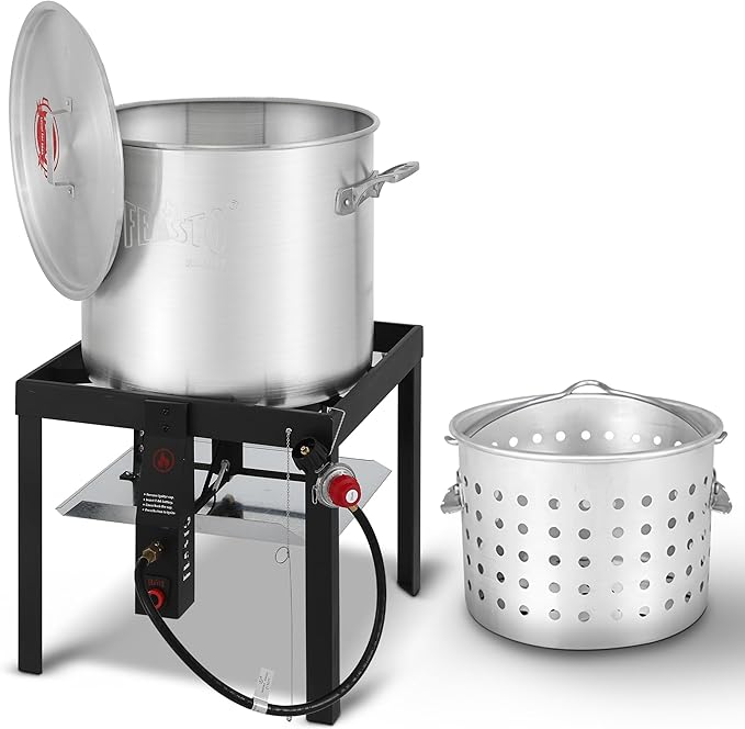 Feasto 60 QT Seafood Boil Pot with Basket and Burner, Aluminum Seafood Boil Pot and Burner Kit with 100,000 BTUs Output and 10 PSI Regulator for Cooking Crawfish, Shrimp, Crab, CSA Certified