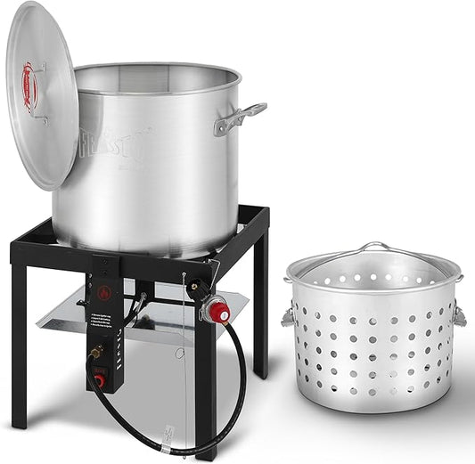 Feasto 60 QT Seafood Boil Pot with Basket and Burner, Aluminum Seafood Boil Pot and Burner Kit with 100,000 BTUs Output and 10 PSI Regulator for Cooking Crawfish, Shrimp, Crab, CSA Certified