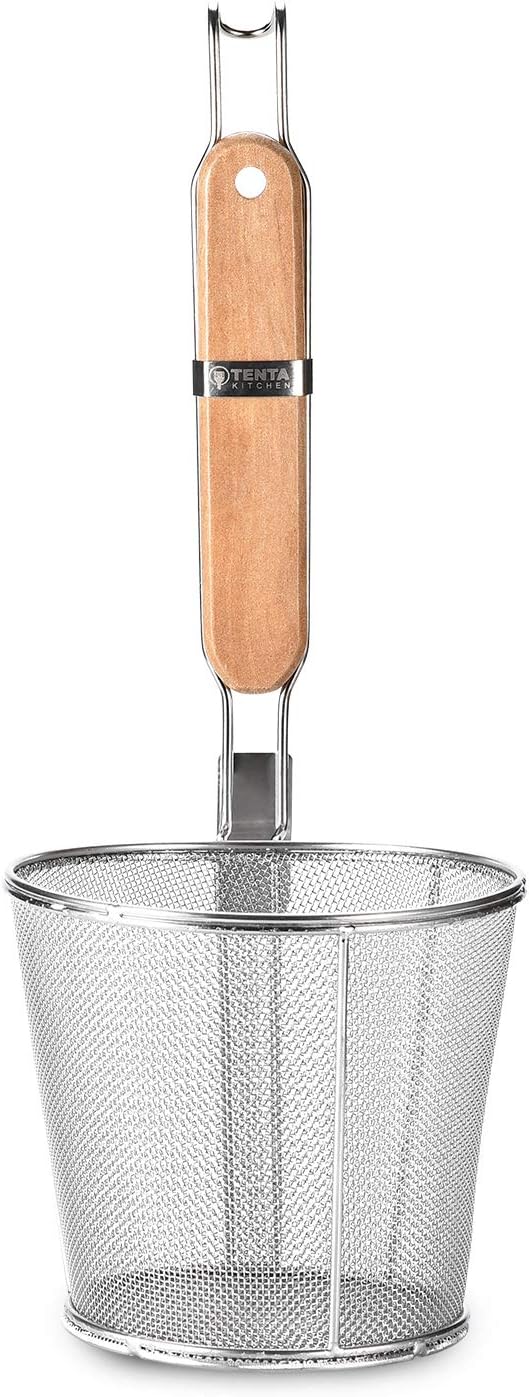 Tenta Kitchen Miracle Noodle Angel Hair Pasta Noodle Blanching Basket, Barilla Thin Spaghetti Pasta Deep Strainer Skimmer with Wooden Handle (5.51Inch/14cm)