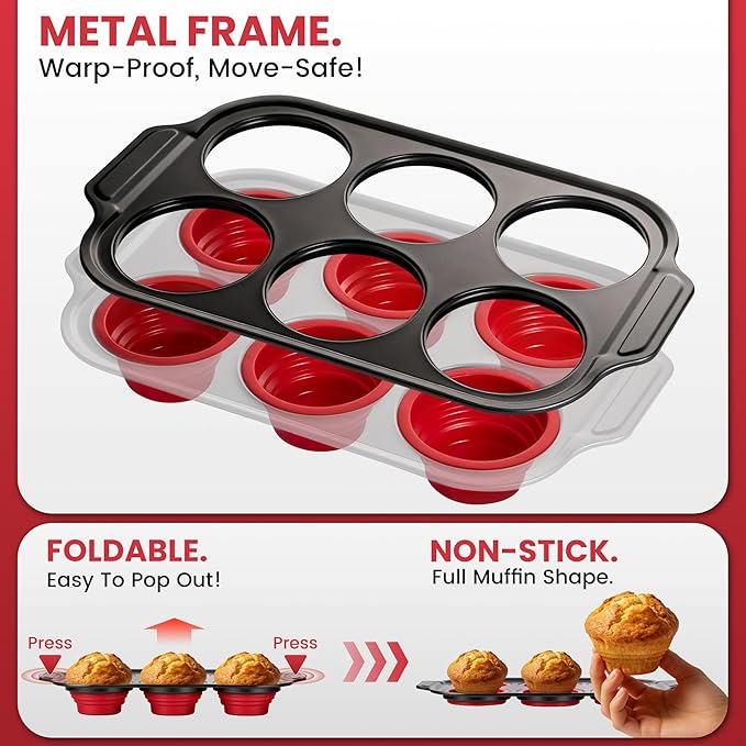 HE-SANQI Silicone Muffin Pan for Baking with Metal Reinforced Frame - 6 Cups Regular Size Cupcake Pan Muffin Tins Egg Bite Molds - Nonstick, Easy to Pop, Bakeware for Oven, BPA Free (6-Cups Red)