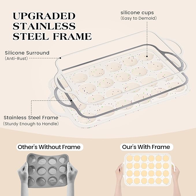 AOTASO 1 Pc Mini Muffin Pans with Metal Reinforced Frame, 24 Cups Nonstick Silicone Cupcake Tray for Baking, Food Grade Small Muffin Molds with Handles (Cream)