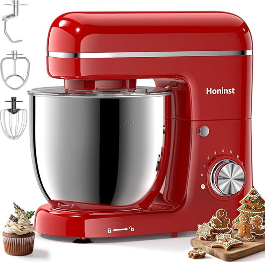 Honinst Stand Mixer, 3-In-1 8-Speed 660W 6.5QT Tilt-Head Food Electric Mixers with Bowl, Dough Hook, Whisk and Beater, Kitchen Mixer for Baking, Cake and Most Home Cooks, Red