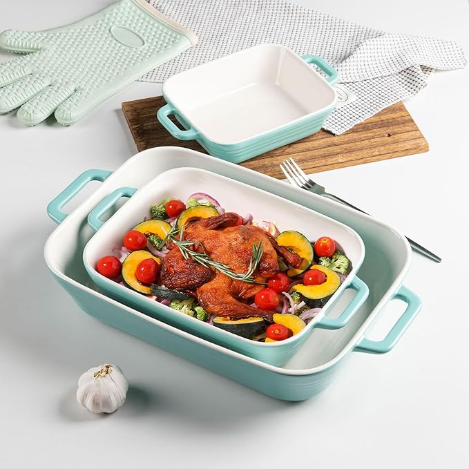 Sweejar Relief Casserole Dishes for Oven, Ceramic 9x13 Baking Pans Set for Cooking, Cake, Banquet and Daily Use, Rectangular Bakeware Set, Porcelain Baking Dish, Lasagna Pan Deep with Handles(Turquoise)