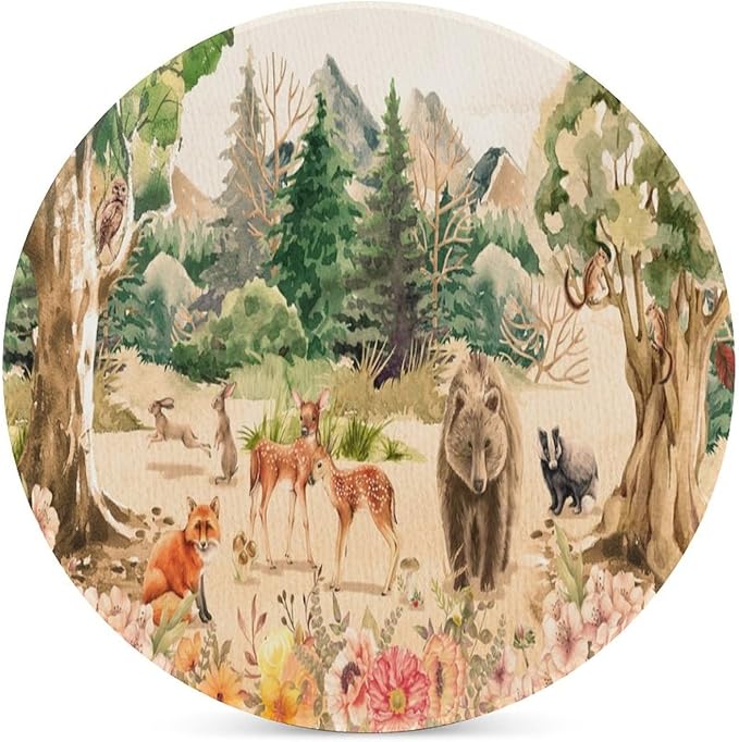 Forest Drink Coasters, Round Ceramic Drink Coaster Round-4PCS, Retro Mountain Forest Nature Tree Woodland Flower Animal Bear, Deer Decor Absorbent Ceramic Coasters for Beverage Cup, Bar, Coffee Table