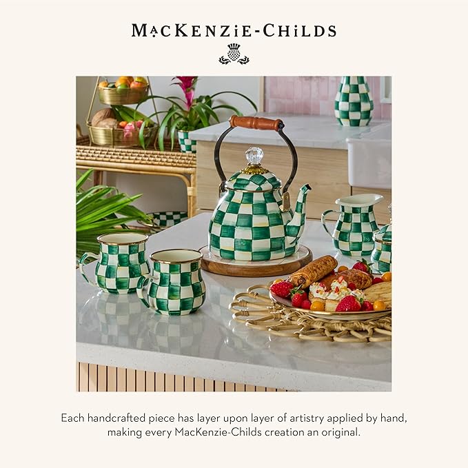 MACKENZIE-CHILDS Enamel Salt and Pepper Shakers, Kitchen Table Spice Shaker Set, Green-and-White Emerald Check, Large