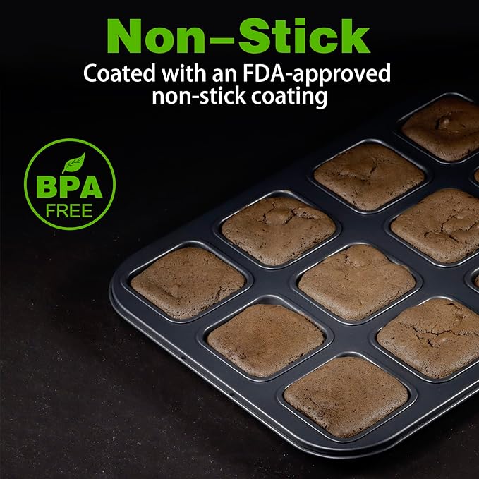 Tiawudi 2 Pack Brownie Pan, Non-stick Bakeware for Bread and Loaf, Heavy Duty Carbon Steel Mini Muffin Pan, 12-Cavity