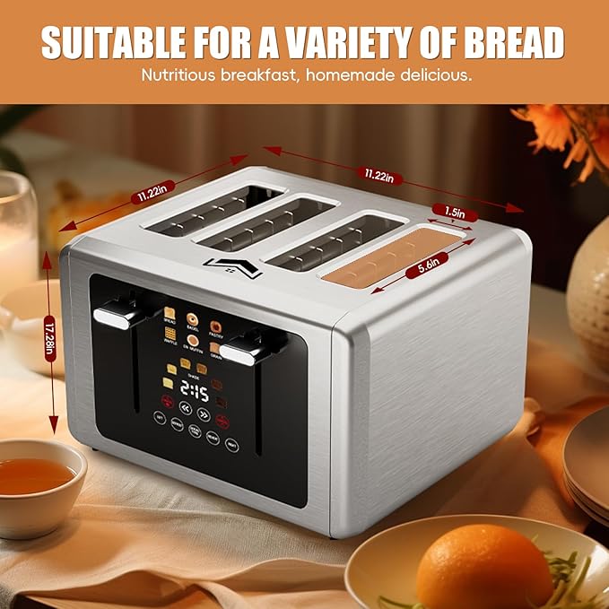 WUNLY Touch screen Toaster 4 slice,Stainless Steel Digital Timer Toasters with Sound/Screen-Off Function,6 Bread Types & Shade Settings,Smart 1.5 Wide Slots Toaster with Bagel,Defrost,Stainless Steel