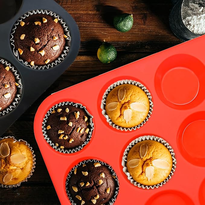 Bongpuda Silicone Muffin Pan Set,2 Pcs 2.8" 12 Cups Egg Bite Mold,Non-Stick,Easy Release,For Egg Muffins, Cupcakes, Large Muffins,Pizza Muffins,Cheesecakes(Black + Red)