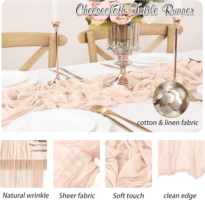 Blush Pink Cheesecloth Table Runner 6 Pack 35" Boho Gauze Tablecloth 120 inches Long Runner Rustic Sheer Fabric Bulk for Baby Shower Wedding Bridal Birthday Party Table Decorations