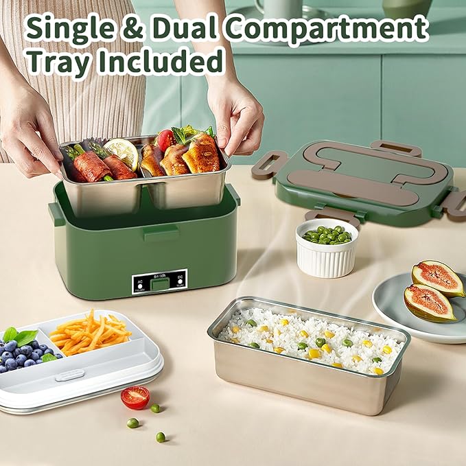 Electric Heated Lunch Box for Adults, 100W 3-IN-1 2 Pack 1.8L Containers Heating Lunch Box for Men Portable Double Layer, Fast Heated Food Warmer,12V/24V/110V for Car Truck Office Home