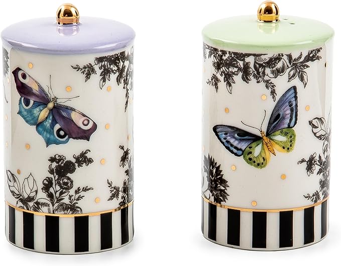 MACKENZIE-CHILDS Farmhouse Salt and Pepper Shaker Set, Ceramic Salt and Pepper Holders, Butterfly Toile