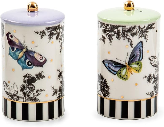 MACKENZIE-CHILDS Farmhouse Salt and Pepper Shaker Set, Ceramic Salt and Pepper Holders, Butterfly Toile